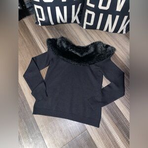 Anne Klein Black Sweater with Faux Fur Trim